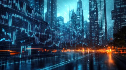 Futuristic cityscape at night with tall skyscrapers and glowing blue digital data overlays representing financial graphs and market trends above a wet street lit by orange lights