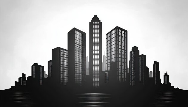 black silhouette of tall modern city skyline with various rectangular skyscrapers against a bright gray sky background