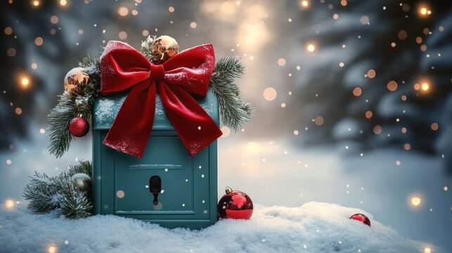 festively decorated mailbox with pine branches, red bow, and ornaments surrounded by snow with glowing lights in the background conveying a warm holiday atmosphere - Powered by Adobe