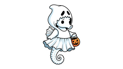 Halloween Seahorse: A cute seahorse in ghost costume is holding a pumpkin treat bag, preparing for spooky Halloween fun and capturing the spirit of the holiday.