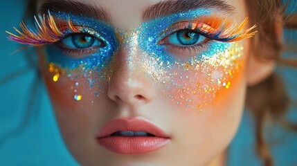 close-up of a person exhaling smoke with colorful striking feather decorations against a blue background, evoking a vibrant and mysterious atmosphere