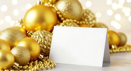 Golden christmas ornaments and beads with a blank greeting card, perfect for adding a personalized message during the festive season