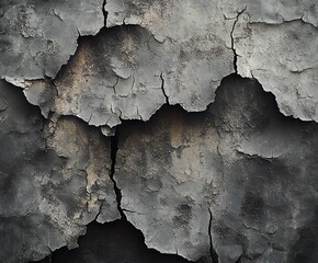 Obraz premium Close-up of cracked and peeling dark gray paint on a textured surface showing decay and deterioration