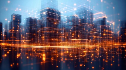 Obraz premium Futuristic digital cityscape with glowing orange light trails and wireframe skyscraper outlines against a soft blue background, evoking innovation and technology