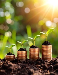 Coins with growing plants in soil