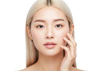 Closeup of a beautiful asian woman with fair skin touching her face isolated on transparent background, showcasing skincare and beauty routines