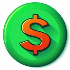 Obraz premium Green circular button with a prominent orange dollar sign casting a long shadow on a white background
