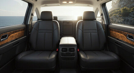 Interior cabin with leather seats, premium car interior with wood trim, spacious cabin view, perfect for automotive brochure, magazine spread, presentation slide.