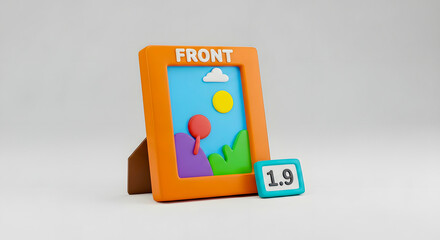 Vibrant 3D Rendered Orange Picture Frame with Stand, Showcasing a Playful Cartoon Landscape Scene. Ideal for Modern Digital Graphic Design and User Interface Elements