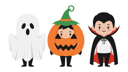 Spooky Halloween Trio: A charming cartoon showcases a ghostly figure, a jovial pumpkin, and a mischievous vampire, embodying the fun of the spooky holiday. 