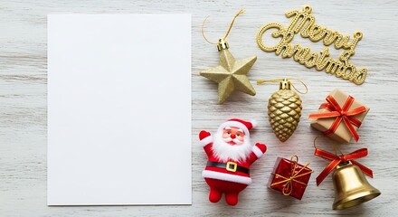 Festive christmas decorations and a blank white card, isolated on white background, creating a cheerful holiday scene with space for personalized greetings
