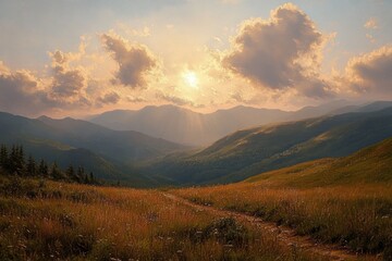 Sunset over rolling mountain hills with golden grassy meadow and scattered clouds creating warm peaceful atmosphere
