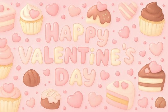 Happy valentine's day background with cute pink hearts cupcakes and desserts for romantic celebration
