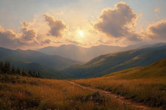 Sunset over rolling mountain hills with golden grassy meadow and scattered clouds creating warm peaceful atmosphere - Powered by Adobe