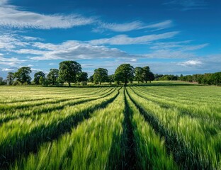 Fototapeta premium Wide field of vibrant green wheat, rows stretching towards distant trees under a partly cloudy sky