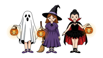 Halloween Trio: A collection of charming hand-drawn illustrations showcasing three whimsical characters: a ghost, a witch, and a vampire. Each carries a Jack O'Lantern, perfect for festive occasions.