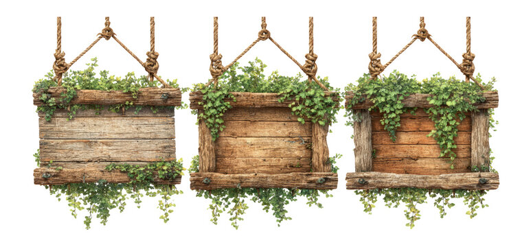 Rustic Wooden Signs with Green Ivy Decoration on Transparent Background