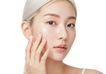 Closeup of a beautiful asian woman with fair skin touching her face isolated on transparent background, highlighting skincare and beauty practices