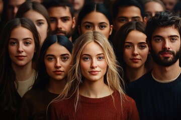 Obraz premium Group of diverse young adults standing closely together with calm and confident expressions in soft lighting