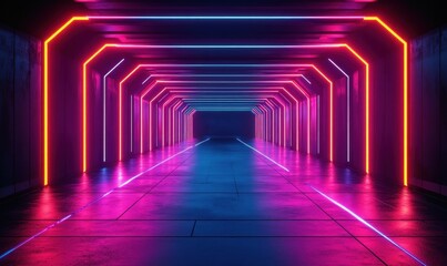 Futuristic tunnel illuminated with vibrant neon lights in purple, pink, red, and blue hues creating a glowing symmetrical pathway evoking a sense of mystery and depth