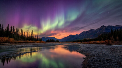 Aurora borealis reflecting in a river surrounded by trees and mountains at dusk or dawn time