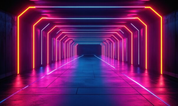 Futuristic tunnel illuminated with vibrant neon lights in purple, pink, red, and blue hues creating a glowing symmetrical pathway evoking a sense of mystery and depth