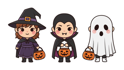 Halloween Trio: A delightful depiction of three iconic Halloween characters: a playful witch, a charming vampire, and a friendly ghost, each holding a jack-o'-lantern.