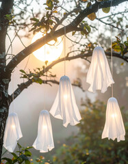Kleine weiße Gespenster hängen im Baum