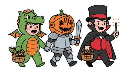 Spooky Ensemble: Three children, each adorned in delightful Halloween costumes, embark on a magical adventure, embodying the essence of fun and whimsy.