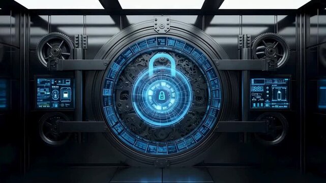 Futuristic bank vault door with glowing digital lock protecting valuable data in a secure modern setting for financial safety concepts