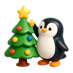 Fototapeta premium PNG Penguin decorates festive tree.