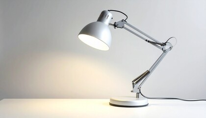 Black and silver adjustable desk lamps on white surface with abstract painted wall, silver lamp lit, casting warm light over books, evoking modern workspace ambiance and creative contrast.