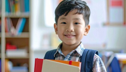 Clever elementary student boy with a bag and notebook standing in the classroom and looking at the camera. 