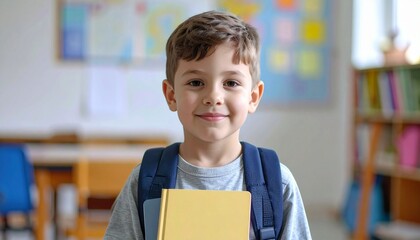 Clever elementary student boy with a bag and notebook standing in the classroom and looking at the camera.