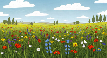 Vibrant Meadow A Colorful Illustration of Wildflowers Under a Blue Sky and Rolling Hills