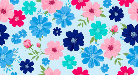 Beautiful floral pattern with pink, blue, and teal flowers scattered across a light blue background, perfect for decorative use