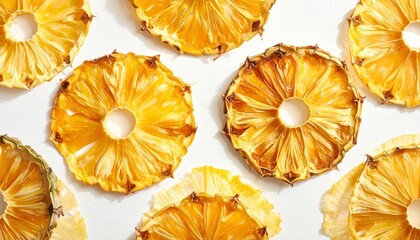 Golden dried pineapple slices with wrinkled texture and central holes, arranged on white surface to highlight natural snack appeal, vibrant color, and dehydrated fruit presentation.