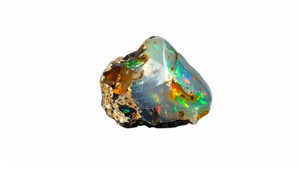 Polished opal gemstone with smooth rounded surface, vibrant play of green, yellow, pink, and blue colors, and visible brown inclusions, highlighting unique optical beauty and natural elegance.