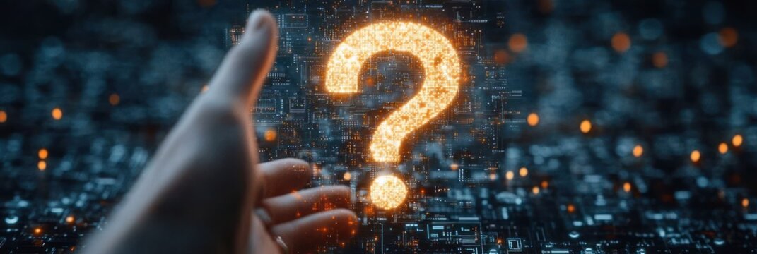 Human hand reaching out towards a glowing orange digital question mark floating over a dark futuristic circuit board background, symbolizing inquiry and uncertainty