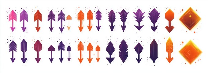 Collection of various colorful arrow designs in shades of purple, orange, and red with artistic details and glowing effects on a white background