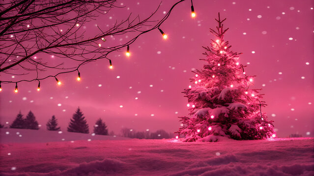 winter landscape with christmas trees in shocking pinck colure