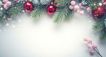 Festive christmas background with snowy fir branches, red ornaments, pink berries, and sparkling lights creating a magical winter scene