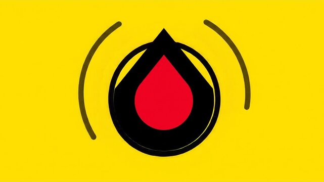 Graphic image drop shape of red and black inside of black circle on a yellow background