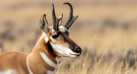 Fototapeta premium Closeup of a pronghorn buck standing in a field of tall dry grass