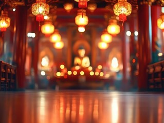 Fototapeta premium Interior view of a temple corridor with glowing lanterns hanging from the ceiling and a blurred statue in the background creating a warm, serene ambiance