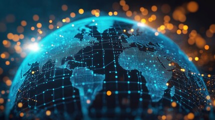 Digital globe highlighting continents with glowing grid and connecting nodes under a dark blue background with scattered orange light orbs creating a futuristic tech atmosphere