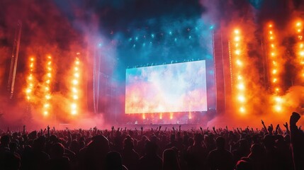 Large crowd enjoying a vibrant concert with bright stage lights and colorful smoke effects creating an energetic atmosphere