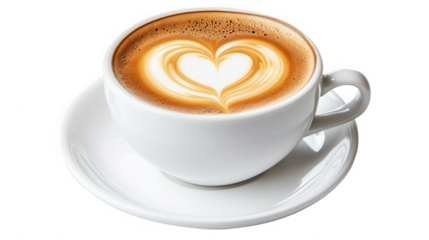 Cup of cappuccino with heart shaped latte art isolated on transparent background