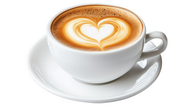 Cup of cappuccino with heart shaped latte art isolated on transparent background