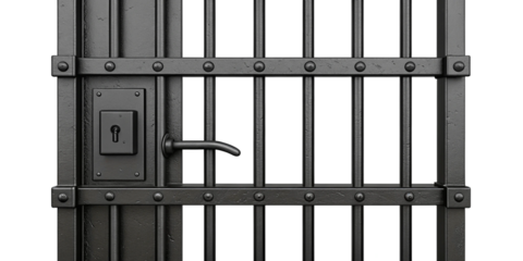 Realistic Iron Jail Cell Door with Lock Mechanism Isolated on Transparent Background
Heavy Metal Prison Door with Vertical Bars and Central Lock Front View